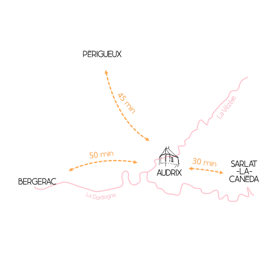 carte dordogne simplifiée; Bergerac, Sarlat, Périgueux depuis Audrix